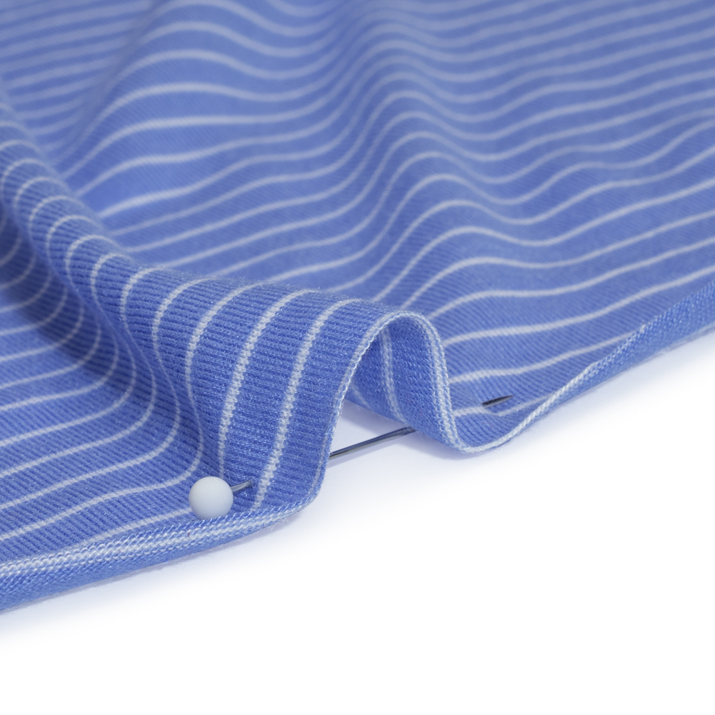 Rayon and Polyester Jersey – Country Blue and White Railroaded Stripes Rayon and Polyester Jersey – Country Blue and White Railroaded Stripes