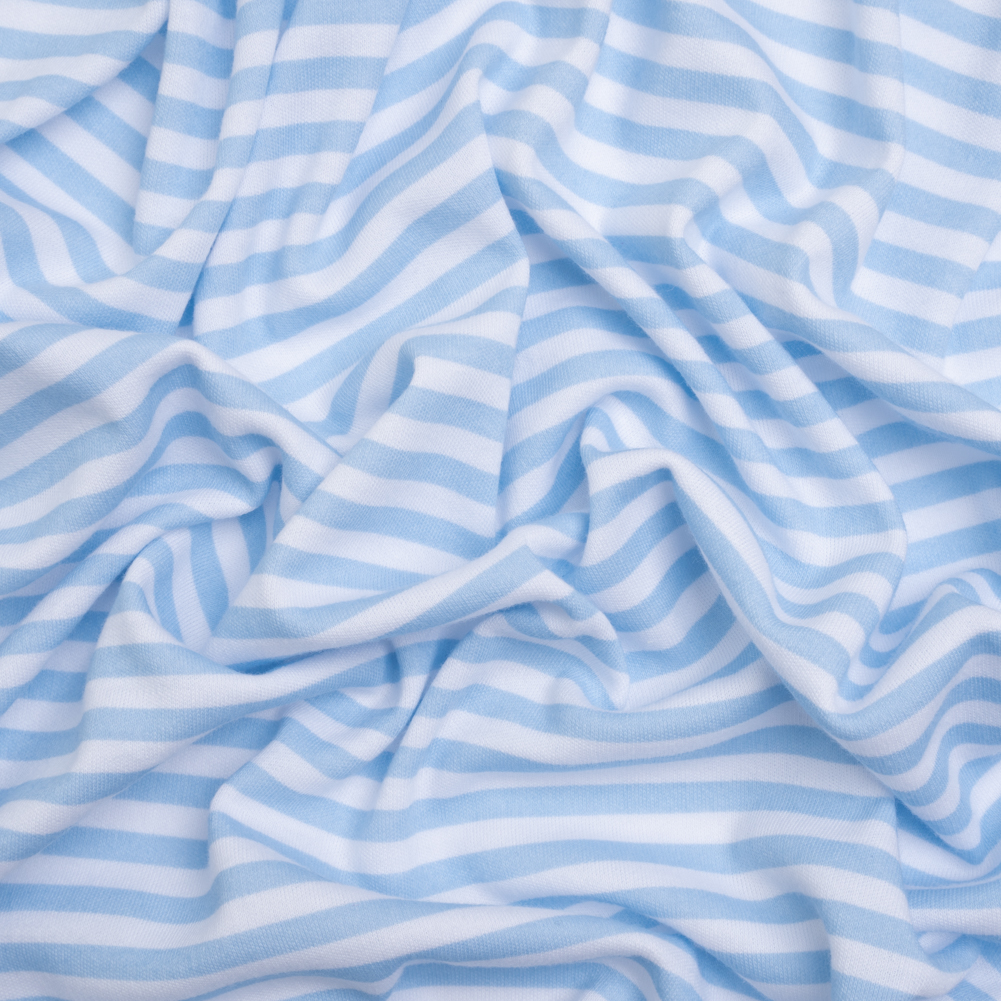 Cotton and Polyester Interlock Knit – Baby Blue and White Railroaded Stripes Cotton and Polyester Interlock Knit – Baby Blue and White Railroaded Stripes