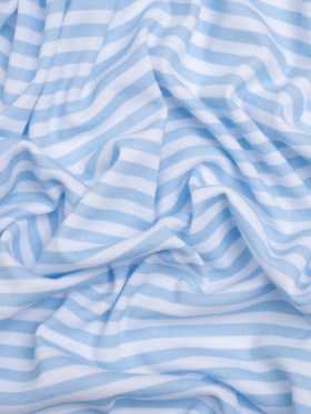 Cotton and Polyester Interlock Knit – Baby Blue and White Railroaded Stripes Cotton and Polyester Interlock Knit – Baby Blue and White Railroaded Stripes