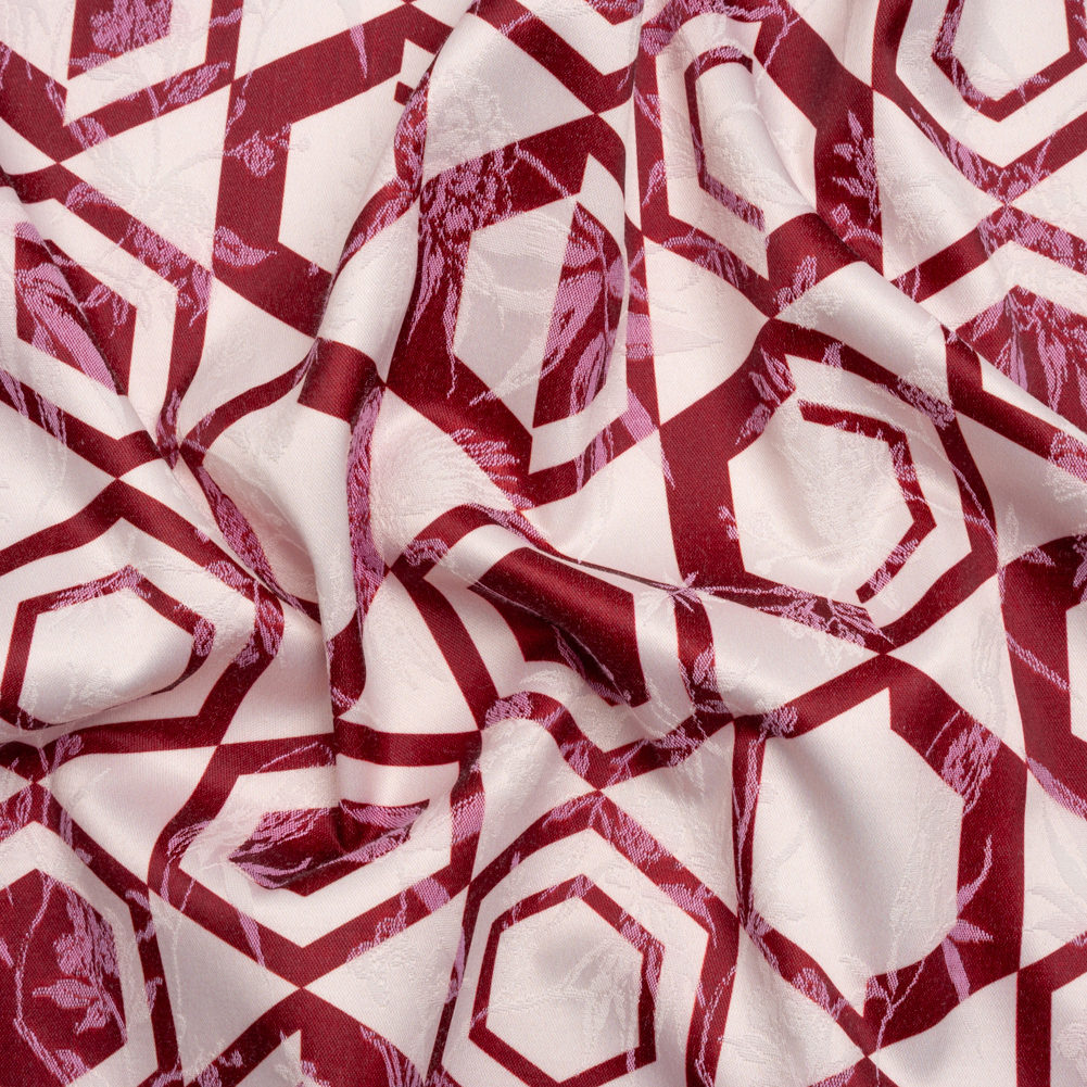 Stretch Flowers and Cranes Jacquard Print – Berry Red and White Hexagons – Mood Exclusive Cherry Hive Stretch Flowers and Cranes Jacquard Print – Berry Red and White Hexagons – Mood Exclusive Cherry Hive