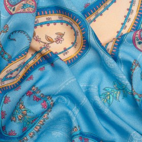 Metallic Viscose Woven Print – Blue and Peach Paisley – Mood Exclusive Bedelia Beginnings Metallic Viscose Woven Print – Blue and Peach Paisley – Mood Exclusive Bedelia Beginnings