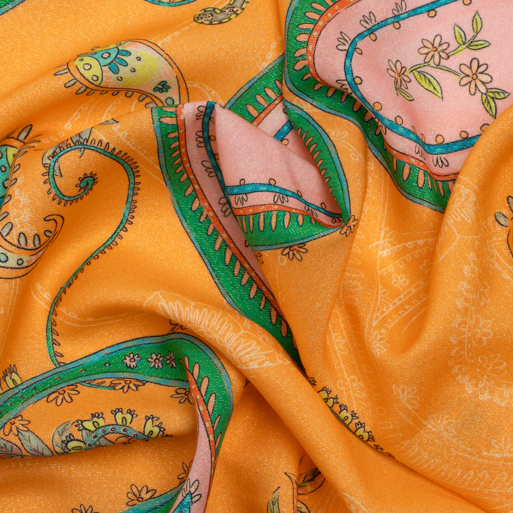 Metallic Viscose Woven Print – Orange and Green Paisley – Mood Exclusive Bedelia Beginnings Metallic Viscose Woven Print – Orange and Green Paisley – Mood Exclusive Bedelia Beginnings