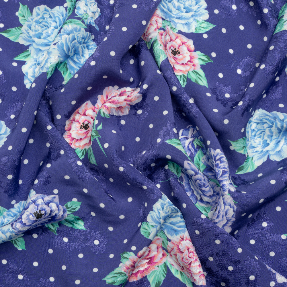 Floral Viscose Jacquard Print – Indigo, Blue and Pink Floral and Polka Dots – Mood Exclusive Rose Bush Banter Floral Viscose Jacquard Print – Indigo, Blue and Pink Floral and Polka Dots – Mood Exclusive Rose Bush Banter