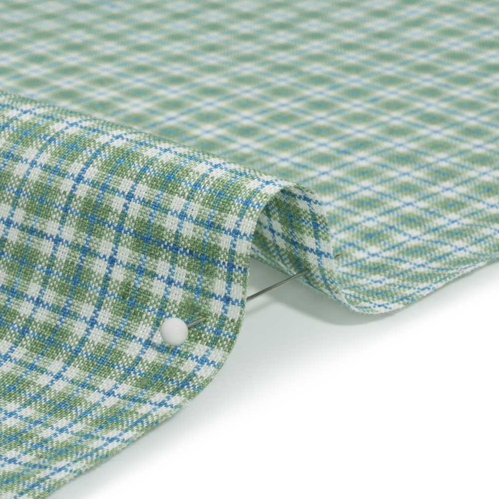 Grass Green, Blue and White Plaid Medium Weight Linen Woven Grass Green, Blue and White Plaid Medium Weight Linen Woven