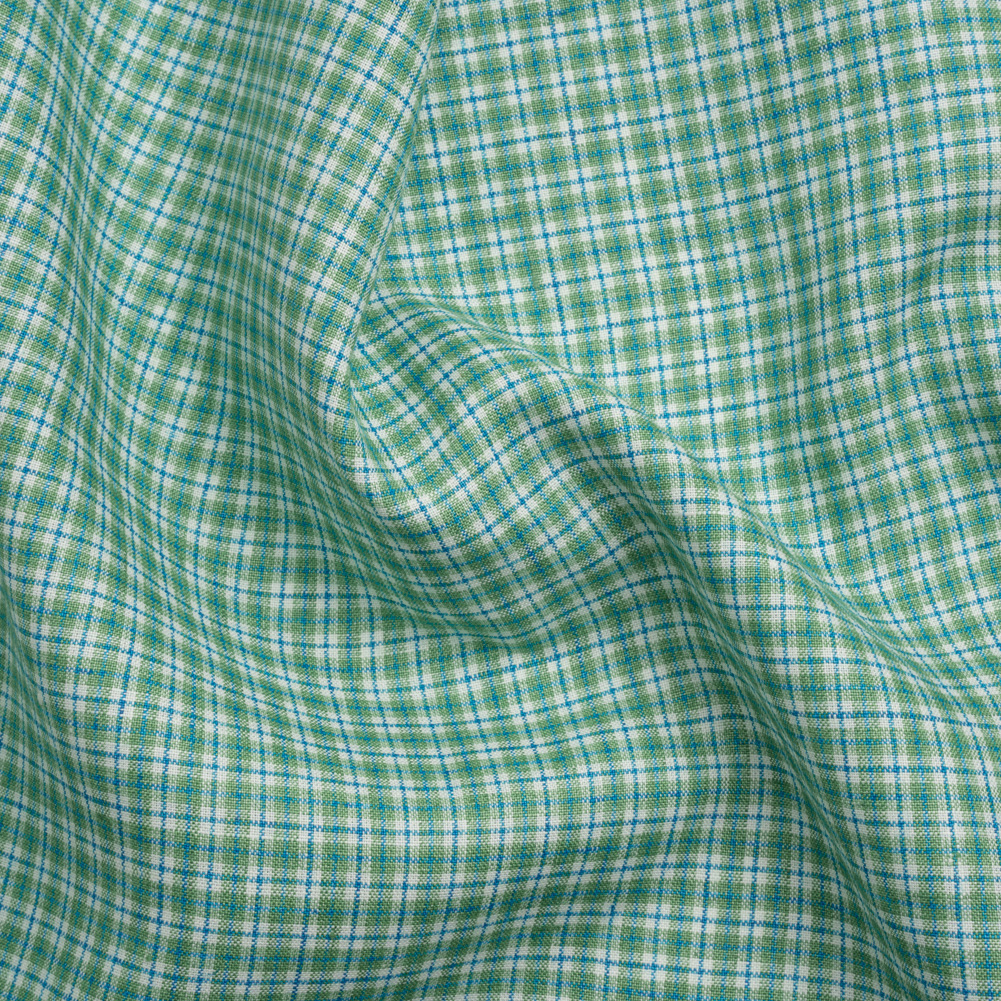 Grass Green, Blue and White Plaid Medium Weight Linen Woven Grass Green, Blue and White Plaid Medium Weight Linen Woven