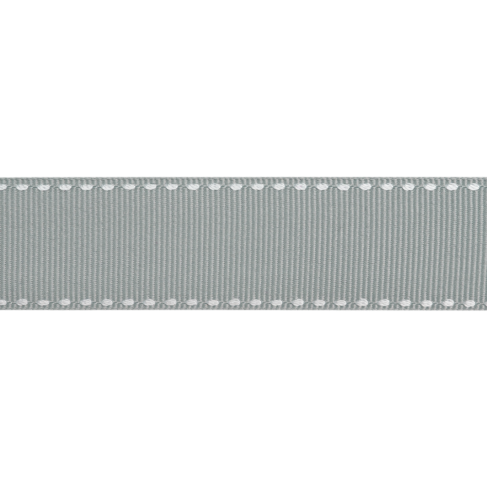 Grosgrain Ribbon with White Stitched Borders - Gray - 1"