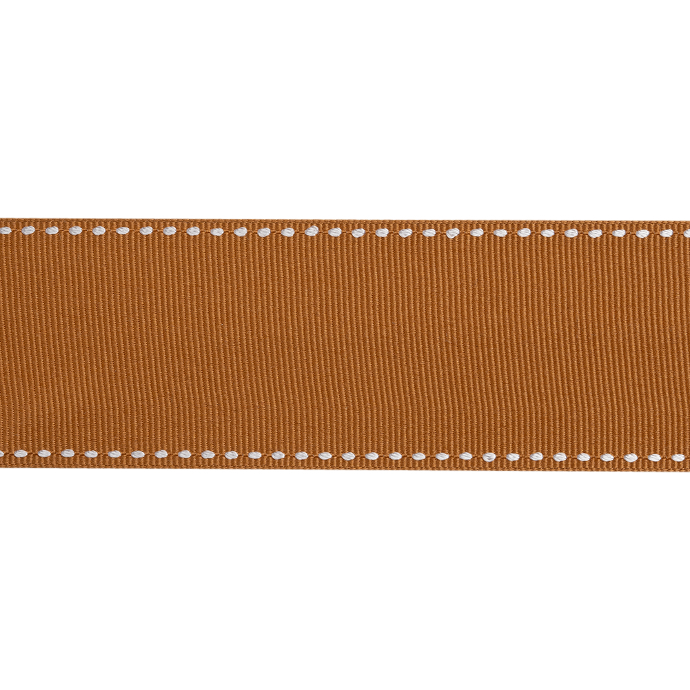 Grosgrain Ribbon with White Stitched Borders - Light Brown - 1.5"