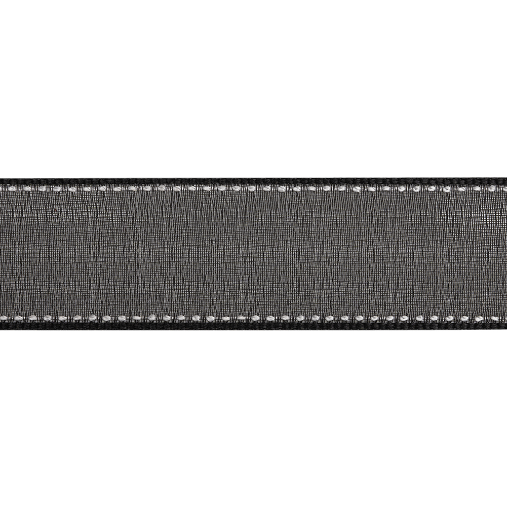 Sheer Ribbon with White Stitched Border - 1" - Black