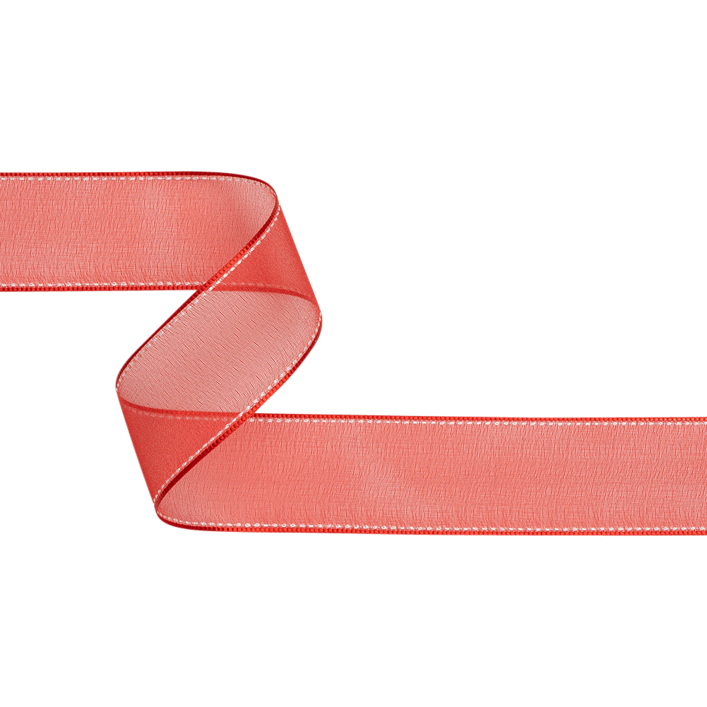 Sheer Ribbon with White Stitched Border – 1.5″ – Red Sheer Ribbon with White Stitched Border – 1.5″ – Red