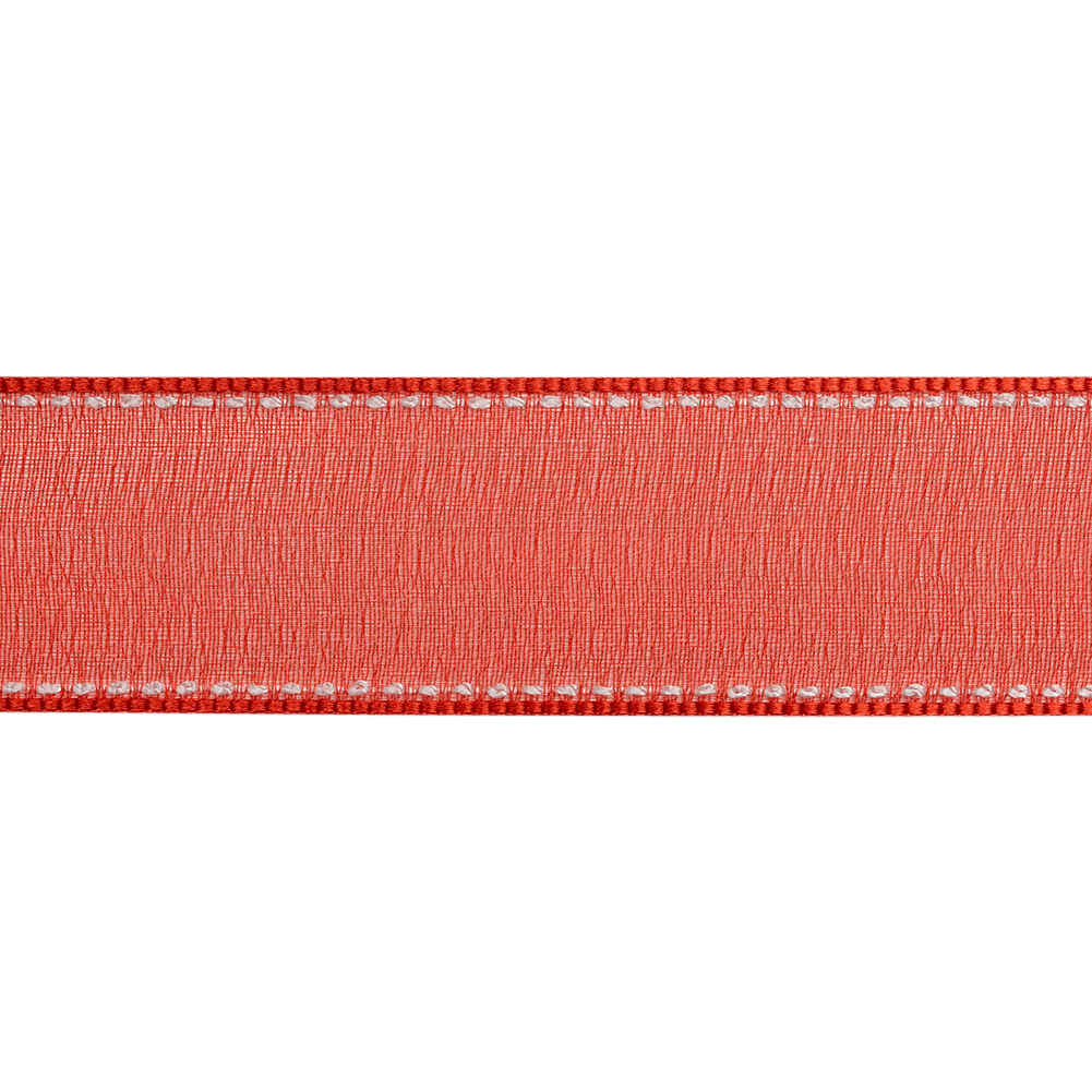 Sheer Ribbon with White Stitched Border - 1" - Red