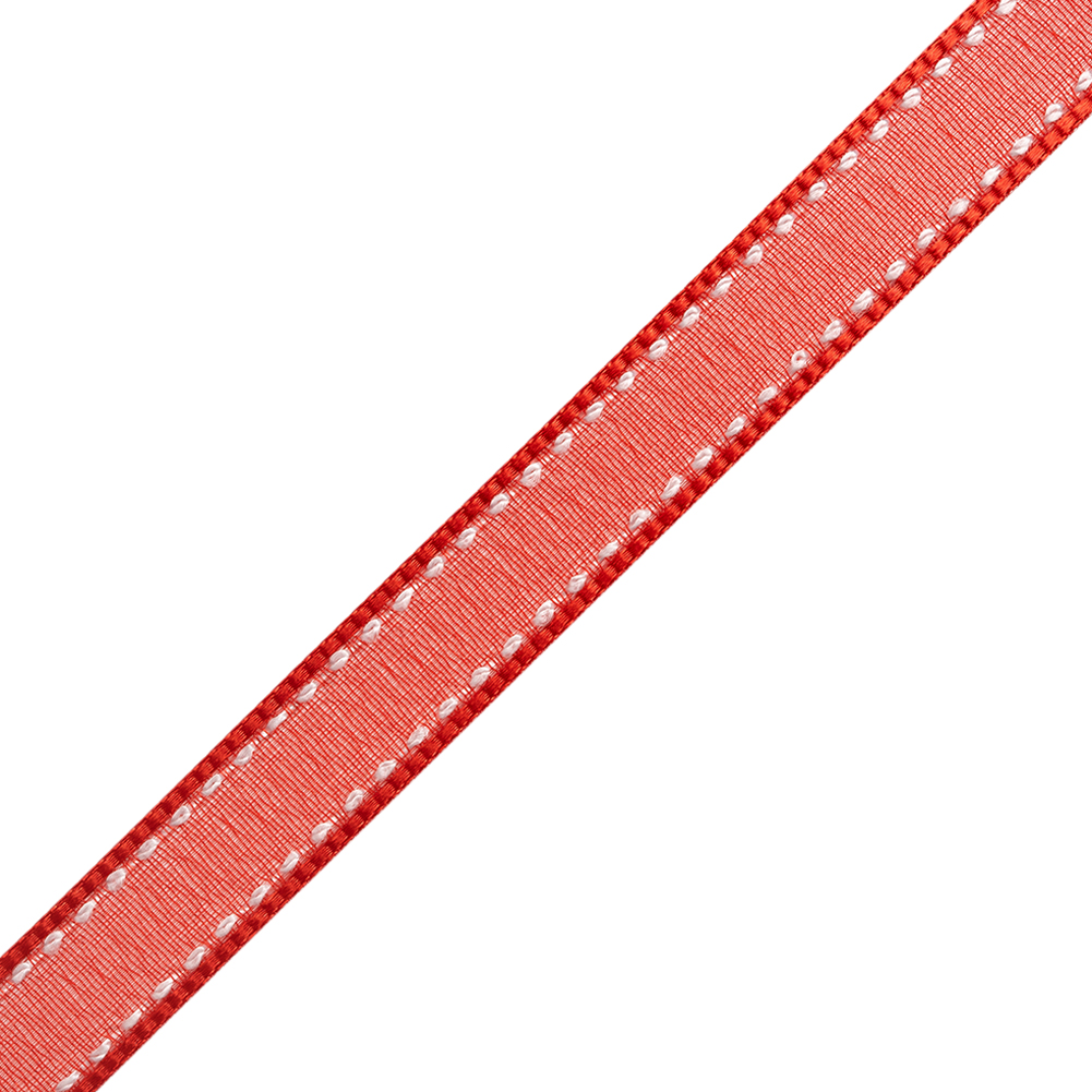Sheer Ribbon with White Stitched Border - 0.5" - Red