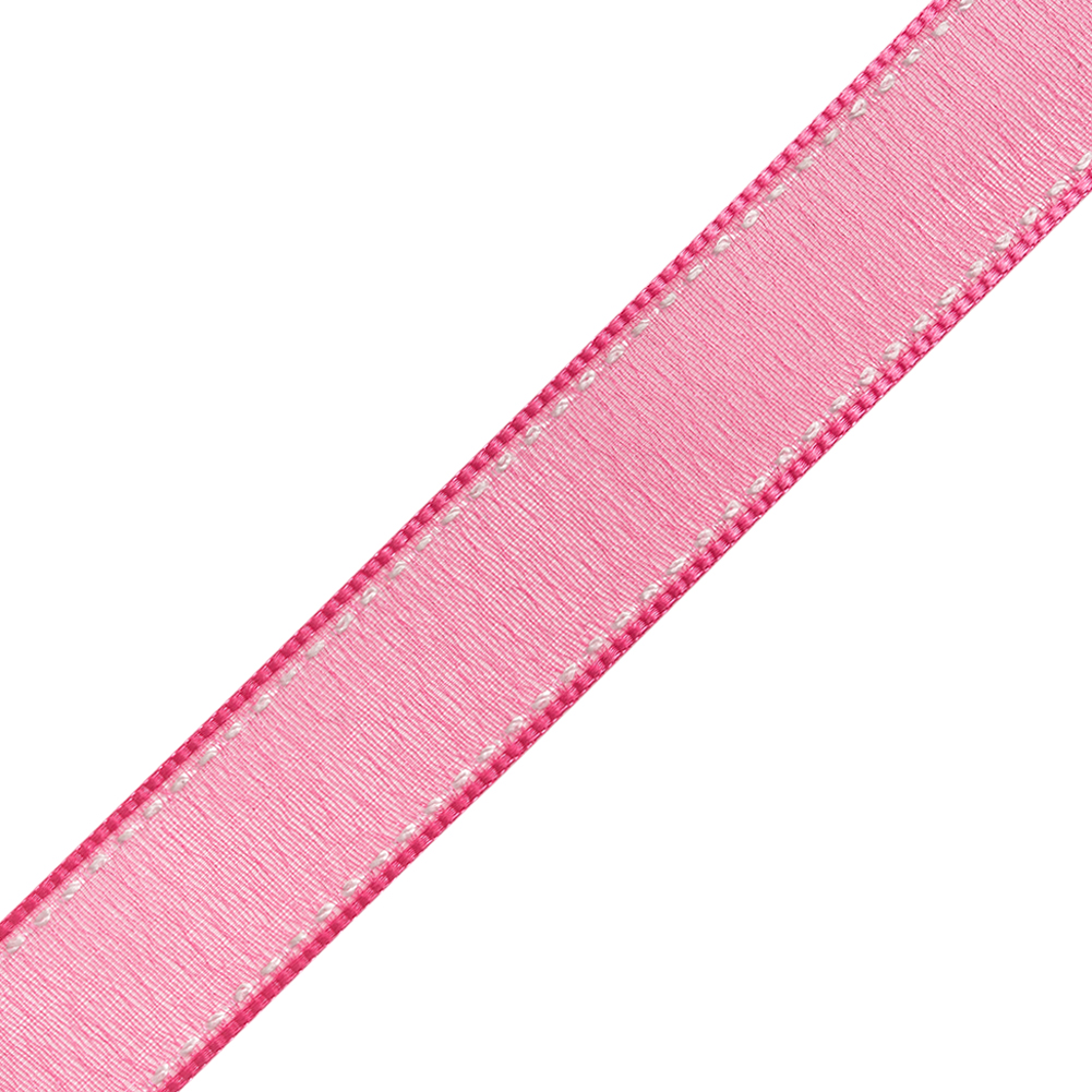 Sheer Ribbon with White Stitched Border - 0.75" - Fuchsia