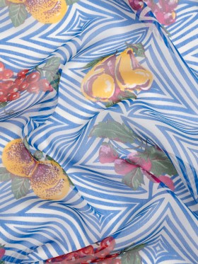 Blue, White, and Green Op Art Fruits Silk Chiffon Blue, White, and Green Op Art Fruits Silk Chiffon
