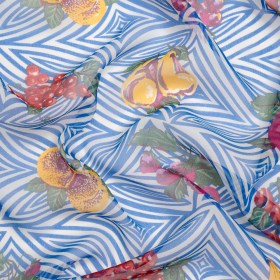 Blue, White, and Green Op Art Fruits Silk Chiffon Blue, White, and Green Op Art Fruits Silk Chiffon