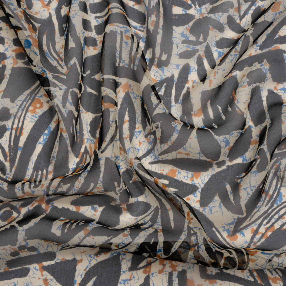 Blue, Orange and Black Wax Resist Floral Silk Chiffon Blue, Orange and Black Wax Resist Floral Silk Chiffon