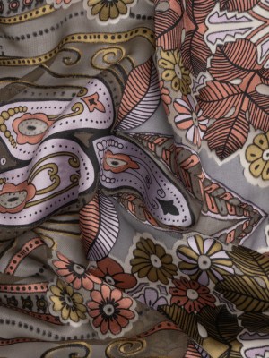 Pink, Lilac and Gray Flowers, Stripes, and Ornate Scrolls Silk and Rayon Burnout Satin Pink, Lilac and Gray Flowers, Stripes, and Ornate Scrolls Silk and Rayon Burnout Satin