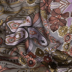 Pink, Lilac and Gray Flowers, Stripes, and Ornate Scrolls Silk and Rayon Burnout Satin Pink, Lilac and Gray Flowers, Stripes, and Ornate Scrolls Silk and Rayon Burnout Satin
