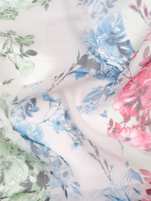 Green, Blue and Pink Floral Wavy Stripes Silk Chiffon Green, Blue and Pink Floral Wavy Stripes Silk Chiffon
