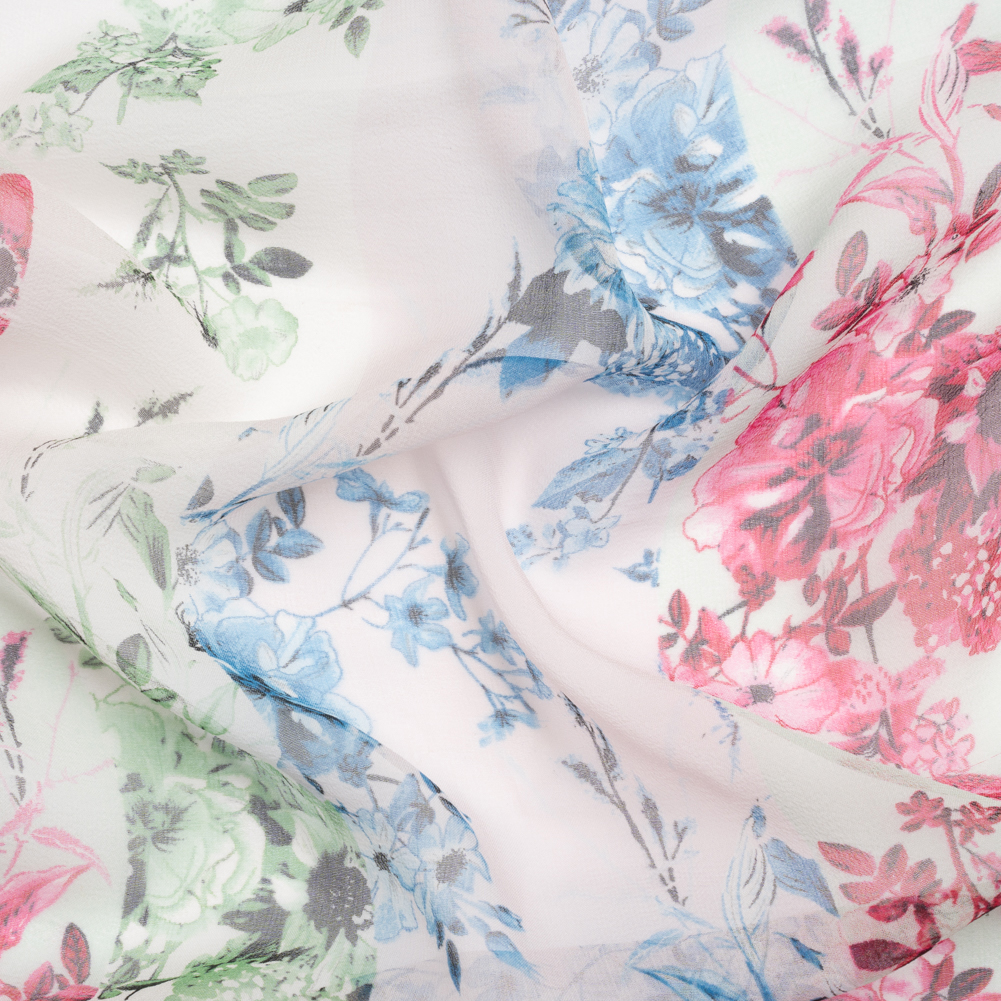 Green, Blue and Pink Floral Wavy Stripes Silk Chiffon Green, Blue and Pink Floral Wavy Stripes Silk Chiffon