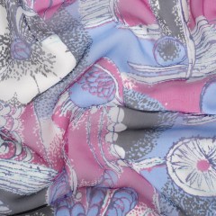 Periwinkle, Magenta and Black Flowers and Blocks Crinkled Silk Chiffon Periwinkle, Magenta and Black Flowers and Blocks Crinkled Silk Chiffon