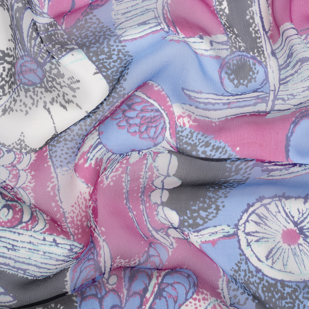 Periwinkle, Magenta and Black Flowers and Blocks Crinkled Silk Chiffon Periwinkle, Magenta and Black Flowers and Blocks Crinkled Silk Chiffon