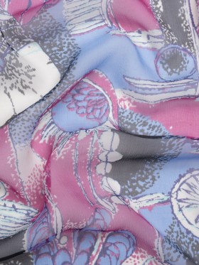 Periwinkle, Magenta and Black Flowers and Blocks Crinkled Silk Chiffon Periwinkle, Magenta and Black Flowers and Blocks Crinkled Silk Chiffon