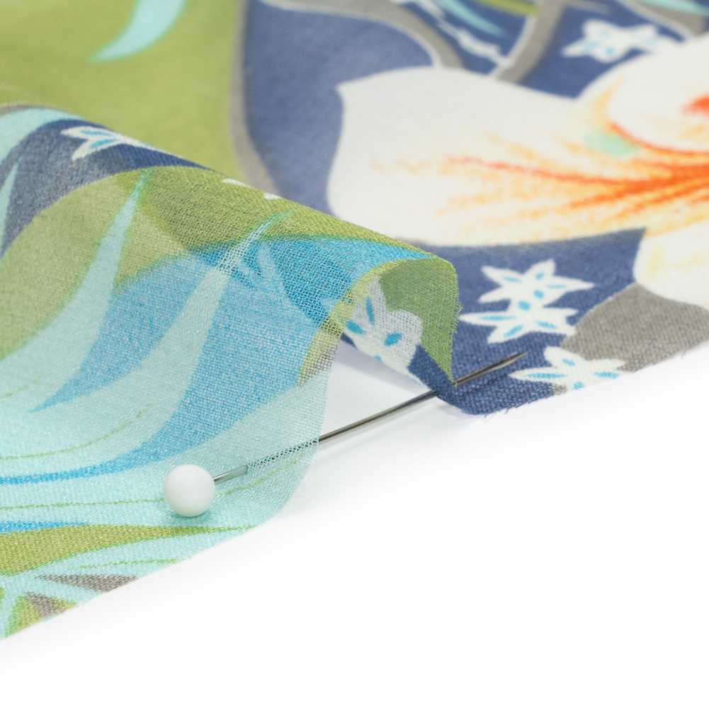 Blue, Green and Orange Tropical Flora Silk Chiffon Blue, Green and Orange Tropical Flora Silk Chiffon