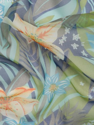 Blue, Green and Orange Tropical Flora Silk Chiffon Blue, Green and Orange Tropical Flora Silk Chiffon