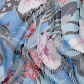 Blue, Black and Red Tropical Flora Silk Chiffon Blue, Black and Red Tropical Flora Silk Chiffon
