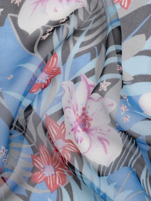 Blue, Black and Red Tropical Flora Silk Chiffon Blue, Black and Red Tropical Flora Silk Chiffon