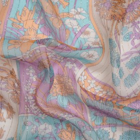 Orchid, Creamsicle and Blue Floral Patchwork Metallic Pinstriped Silk Chiffon Orchid, Creamsicle and Blue Floral Patchwork Metallic Pinstriped Silk Chiffon