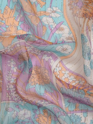 Orchid, Creamsicle and Blue Floral Patchwork Metallic Pinstriped Silk Chiffon Orchid, Creamsicle and Blue Floral Patchwork Metallic Pinstriped Silk Chiffon