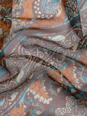 Brown, Orange and Teal Floral and Geometric Diagonal Stripes Silk Chiffon Brown, Orange and Teal Floral and Geometric Diagonal Stripes Silk Chiffon