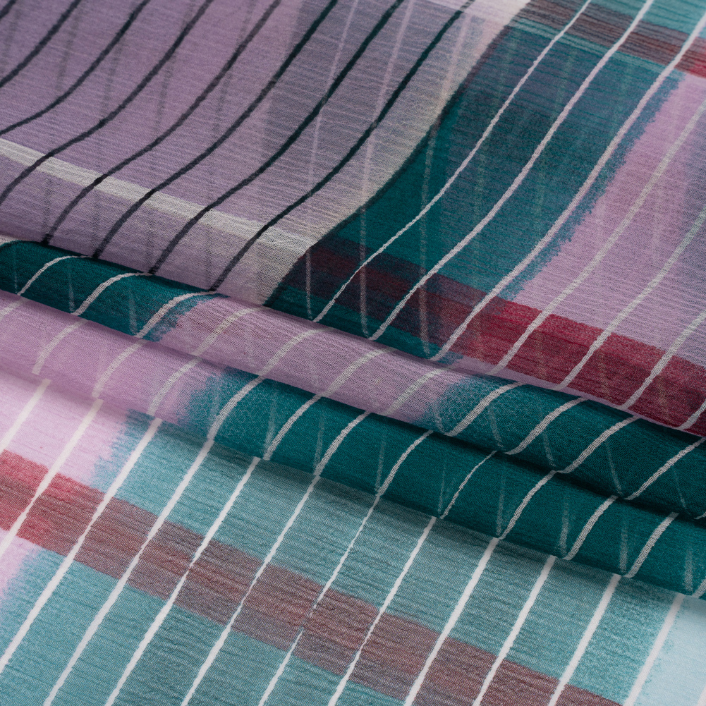 Teal, Lavender and Burgundy Stripes and Rectangles Crinkled Chiffon Panel Teal, Lavender and Burgundy Stripes and Rectangles Crinkled Chiffon Panel