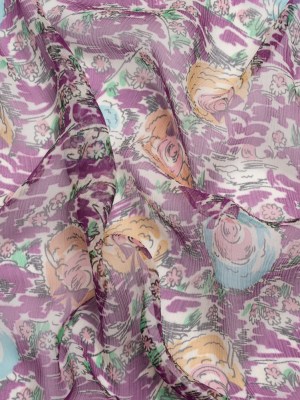 Plum, Beige and Sky Blue Garden Frolick Crinkled Silk Chiffon Plum, Beige and Sky Blue Garden Frolick Crinkled Silk Chiffon