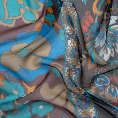 Blue, Orange and Aubergine Floral Stripes Silk Chiffon Blue, Orange and Aubergine Floral Stripes Silk Chiffon