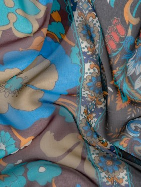 Blue, Orange and Aubergine Floral Stripes Silk Chiffon Blue, Orange and Aubergine Floral Stripes Silk Chiffon