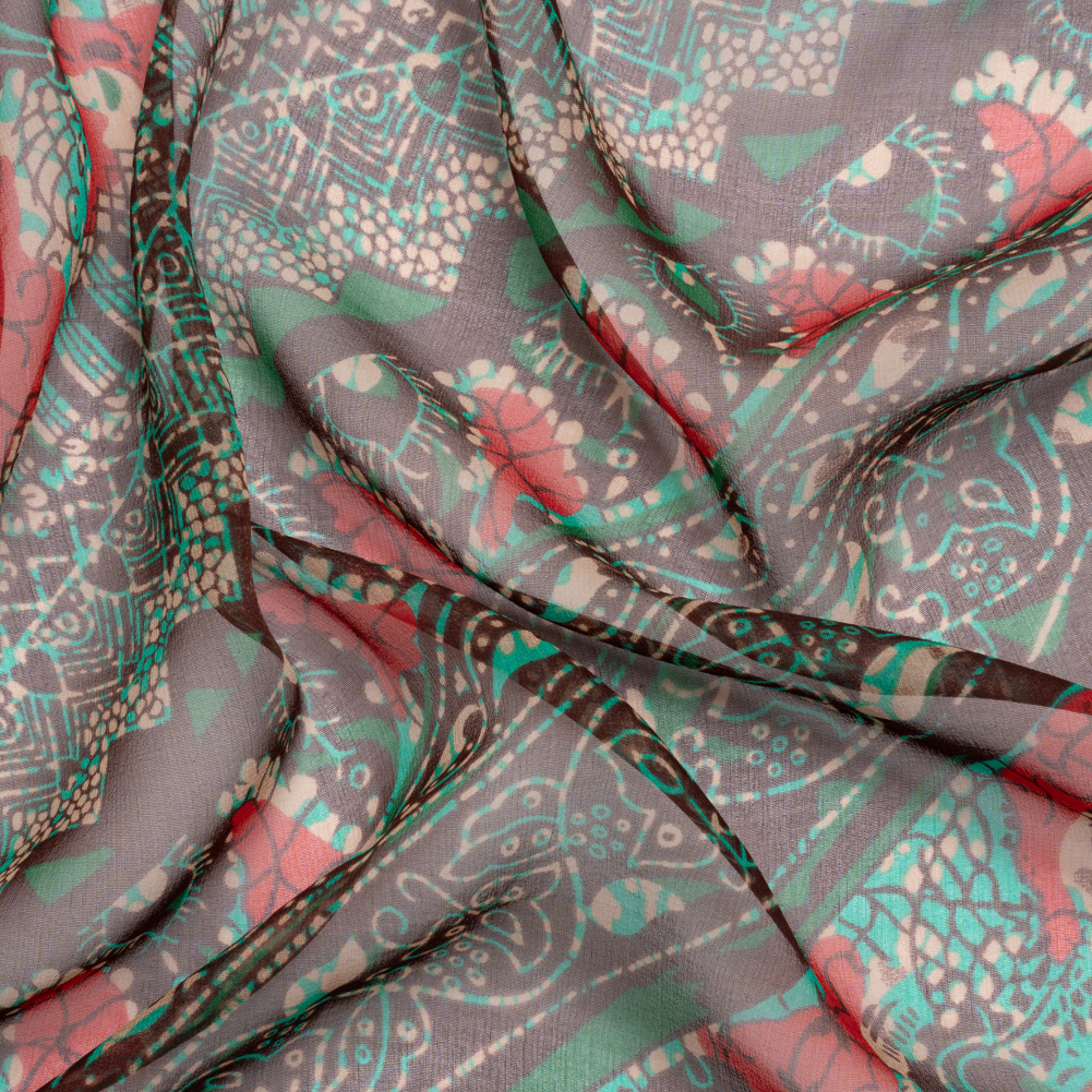 Chocolate, Berry and Turquoise Floral and Geometric Diagonal Stripes Silk Chiffon Chocolate, Berry and Turquoise Floral and Geometric Diagonal Stripes Silk Chiffon