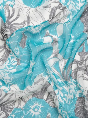 Turquoise, Black and White Tropical Floral Crinkled Silk Chiffon Turquoise, Black and White Tropical Floral Crinkled Silk Chiffon