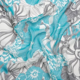 Turquoise, Black and White Tropical Floral Crinkled Silk Chiffon Turquoise, Black and White Tropical Floral Crinkled Silk Chiffon