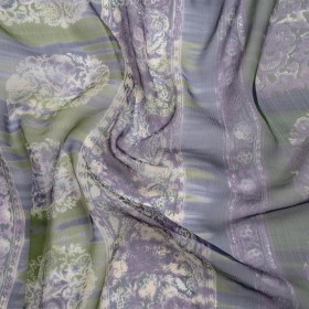 Eggplant, Olive and Plum Decorated Stripes Crinkled Silk Chiffon Eggplant, Olive and Plum Decorated Stripes Crinkled Silk Chiffon