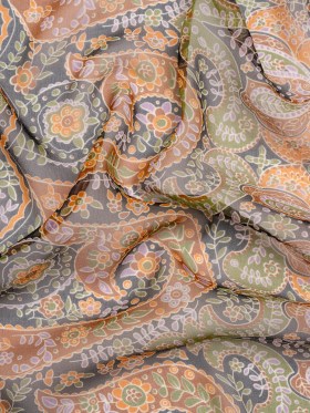 Brown, Green and Orange Floral Silk Chiffon Brown, Green and Orange Floral Silk Chiffon