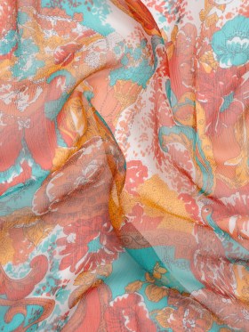 Turquoise, Peach and Orange Ornamental Gardens Crinkled Silk Chiffon Turquoise, Peach and Orange Ornamental Gardens Crinkled Silk Chiffon