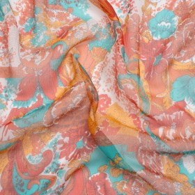 Turquoise, Peach and Orange Ornamental Gardens Crinkled Silk Chiffon Turquoise, Peach and Orange Ornamental Gardens Crinkled Silk Chiffon