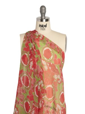 Red and Lime Geometry and Roses Silk Chiffon Red and Lime Geometry and Roses Silk Chiffon