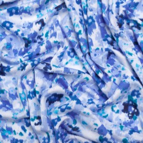 Stretch Rayon Jersey – Blue and White Ikat Ditsy Floral Stretch Rayon Jersey – Blue and White Ikat Ditsy Floral