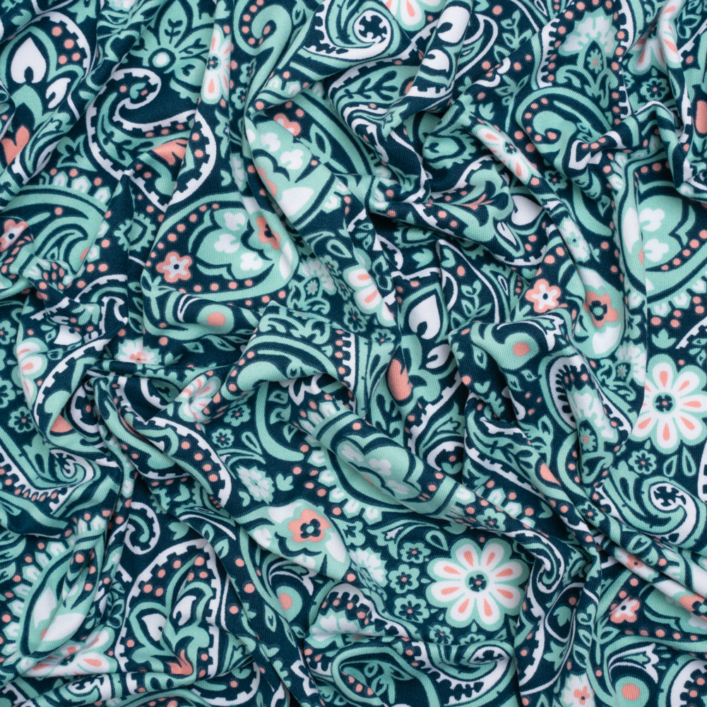 Stretch Polyester Jersey – Dark Teal, Seafoam and Peach Paisley Floral Stretch Polyester Jersey – Dark Teal, Seafoam and Peach Paisley Floral