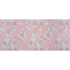 Stretch Polyester Jersey – Pale Pink, Baby Blue, and Golden Yellow Geometric Medallions Stretch Polyester Jersey – Pale Pink, Baby Blue, and Golden Yellow Geometric Medallions