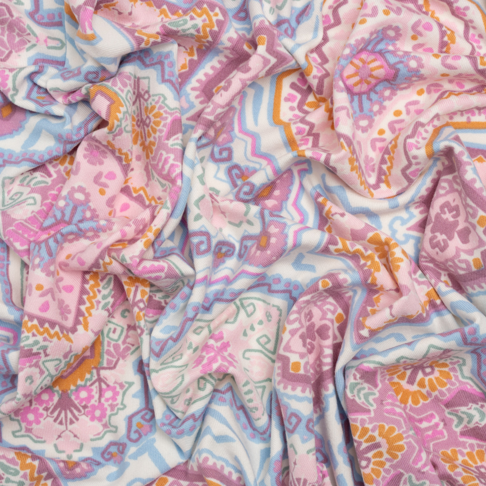 Stretch Polyester Jersey – Pale Pink, Baby Blue, and Golden Yellow Geometric Medallions Stretch Polyester Jersey – Pale Pink, Baby Blue, and Golden Yellow Geometric Medallions