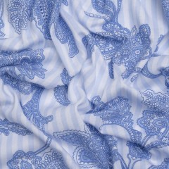 Cotton and Polyester Jersey – Light Blue and White Jacobean Floral and Stripes Cotton and Polyester Jersey – Light Blue and White Jacobean Floral and Stripes